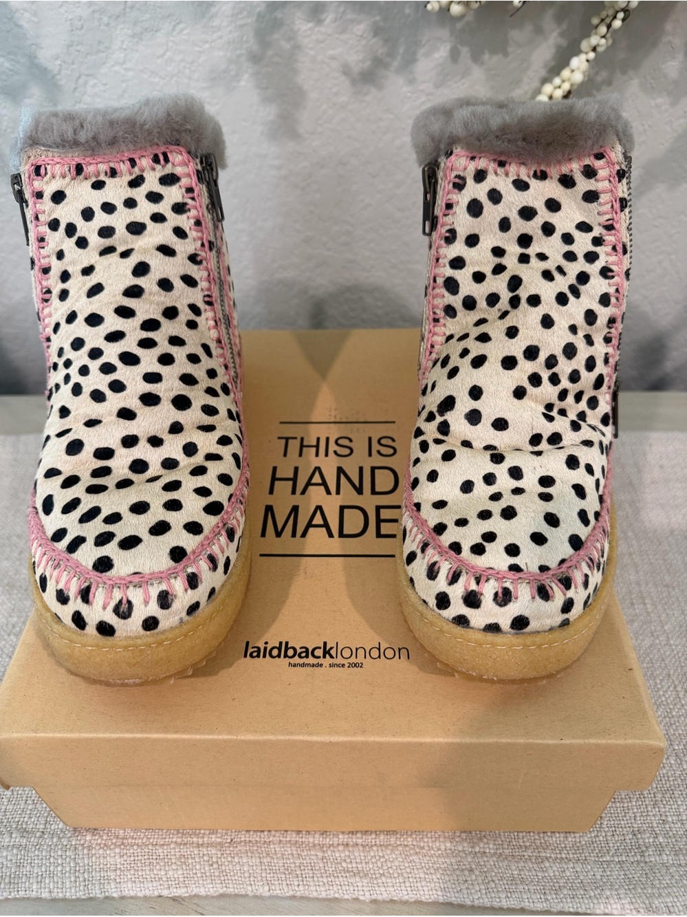 Laidback London Women’s Dalmatian Spot Pink Trim Shearling Boots